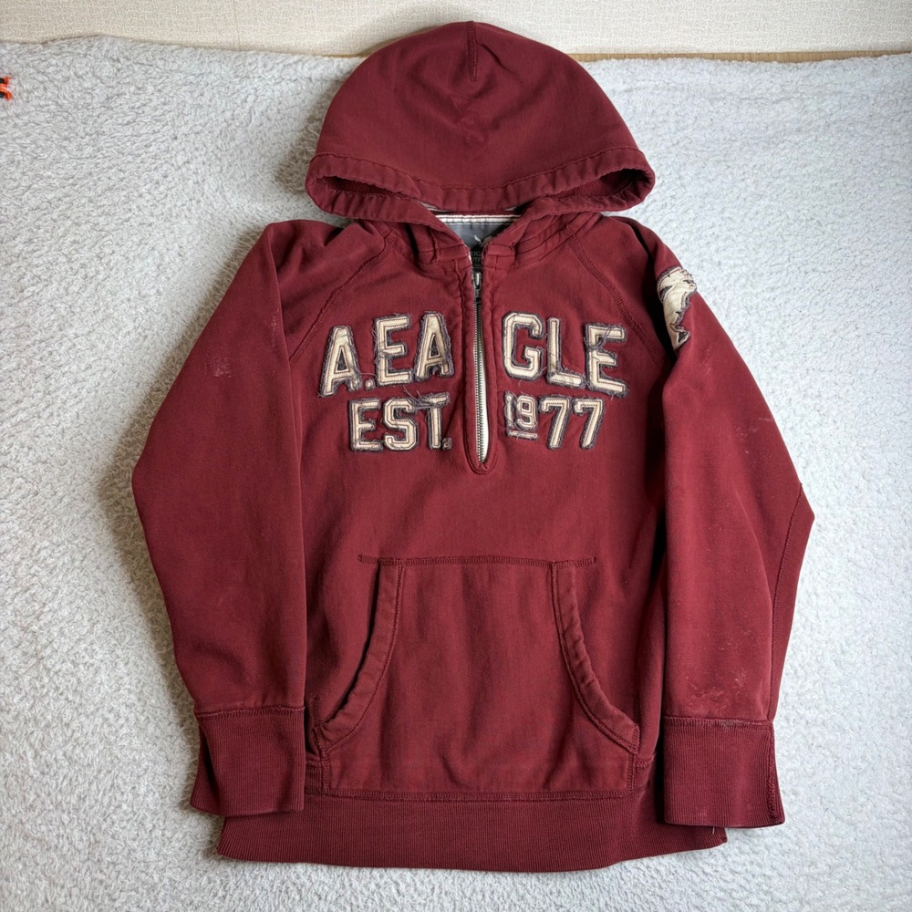 American Eagle Mens M Burgundy Quarter Zip Eagle Fleece Hoodie Distressed Maroon